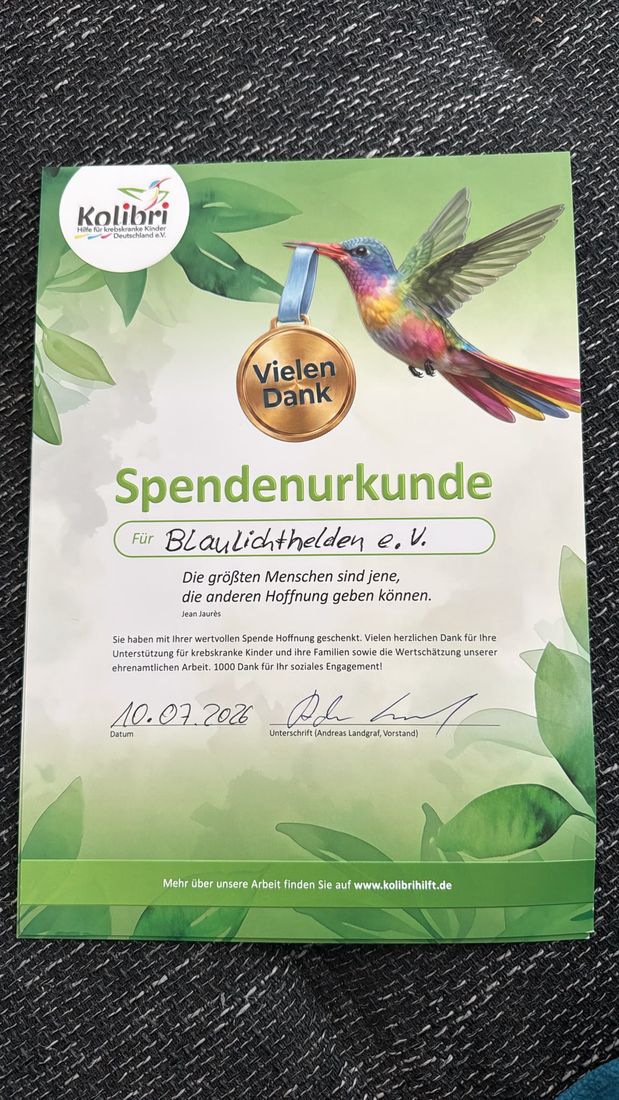 Spendenurkunde des Vereins Kolibri, ausgestellt für BlaulichtHeld e.V. am 10. Juli 2026